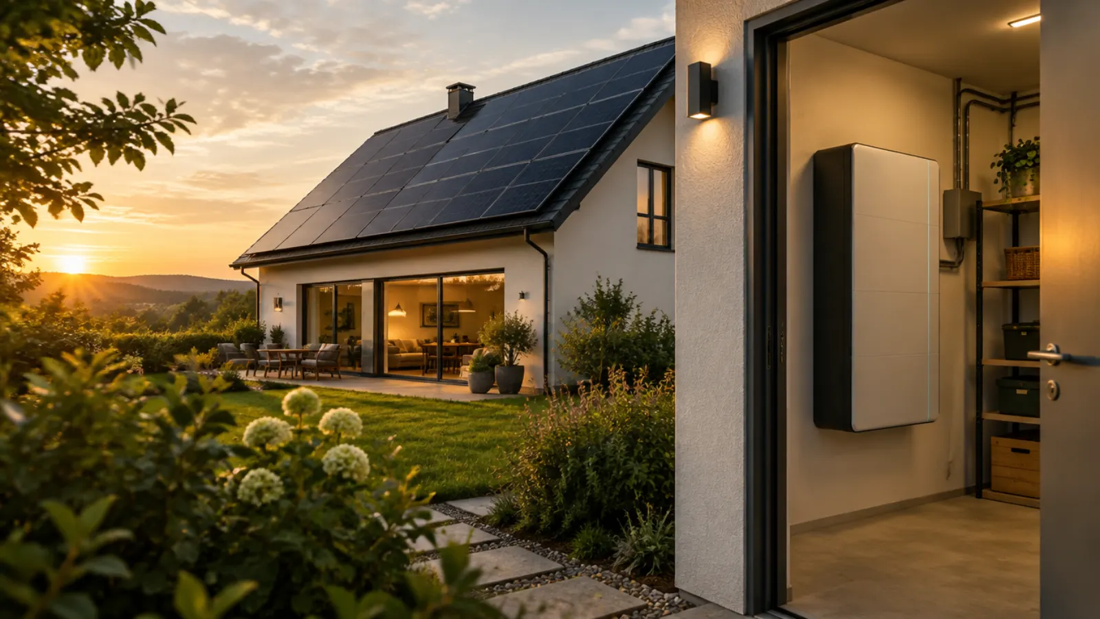 Einfamilienhaus mit Solaranlage auf dem Dach und Batteriespeicher im Technikraum